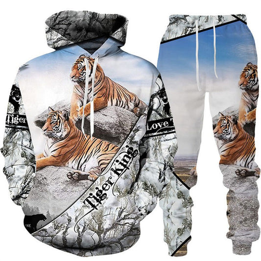 Tiger 3D Print Hooded Men's Sweatshirt Set