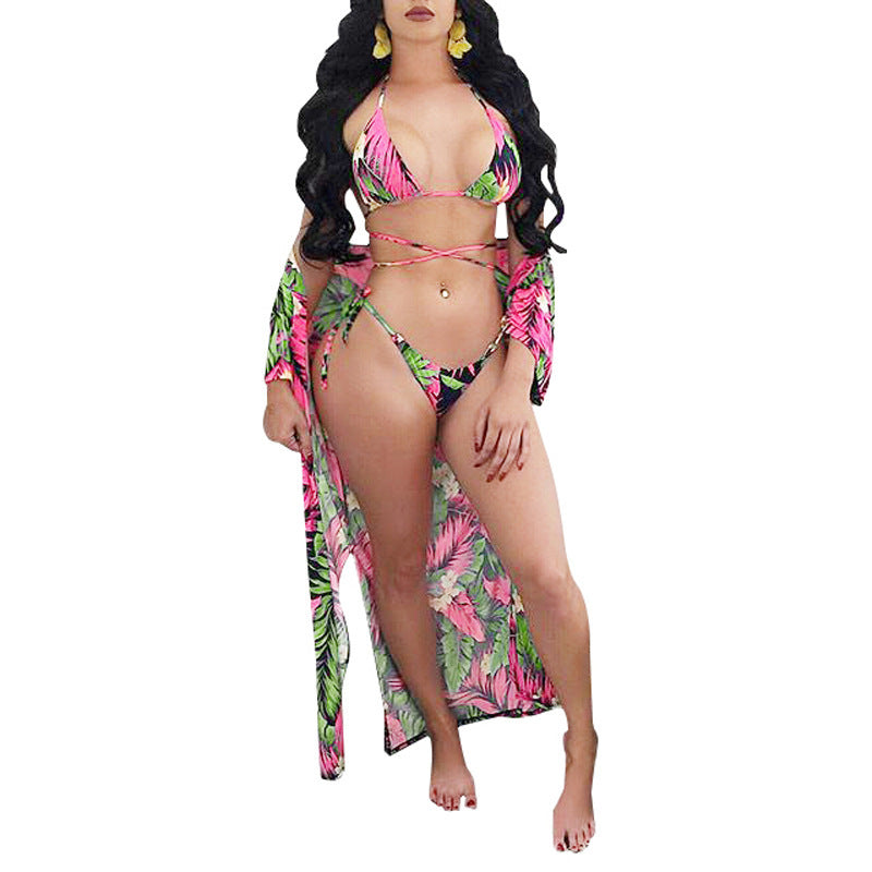 Miami Amazona Three-piece printed cloak bikini swimsuit