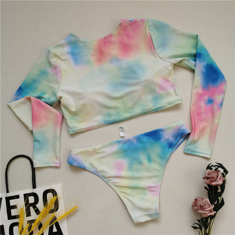 Swimsuit Women'S Split Long-Sleeved Tie-Dye Bikini Zipper Swimsuit