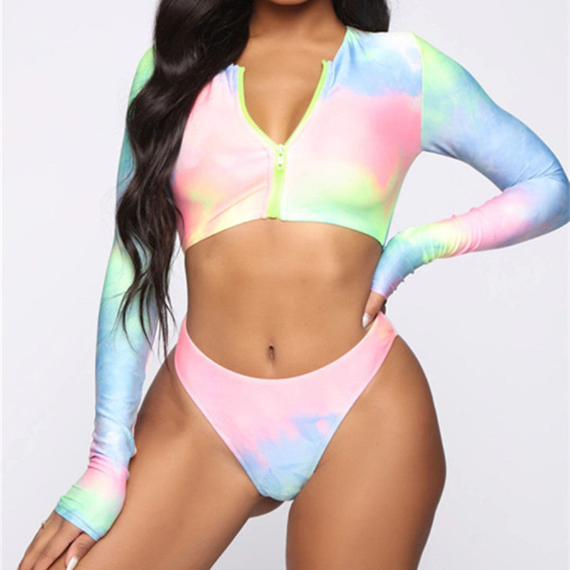 Swimsuit Women'S Split Long-Sleeved Tie-Dye Bikini Zipper Swimsuit