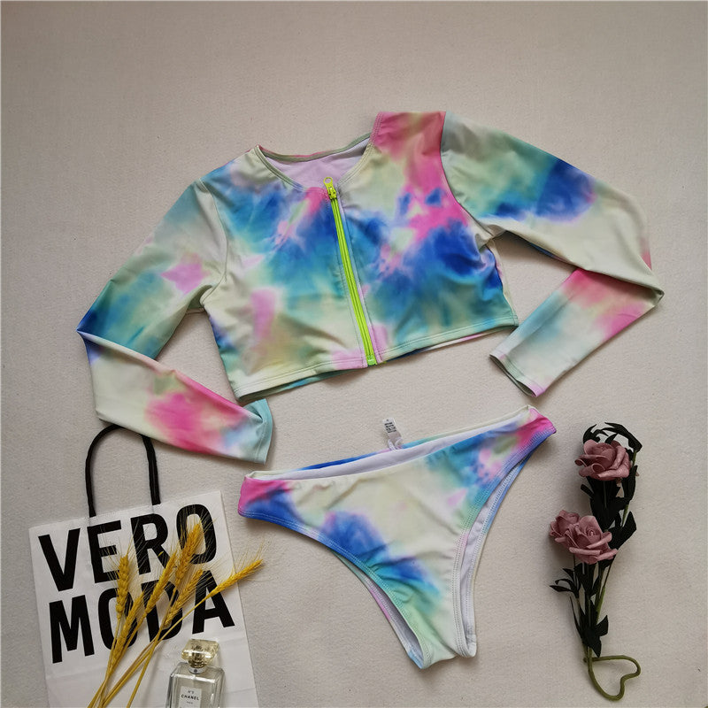 Swimsuit Women'S Split Long-Sleeved Tie-Dye Bikini Zipper Swimsuit