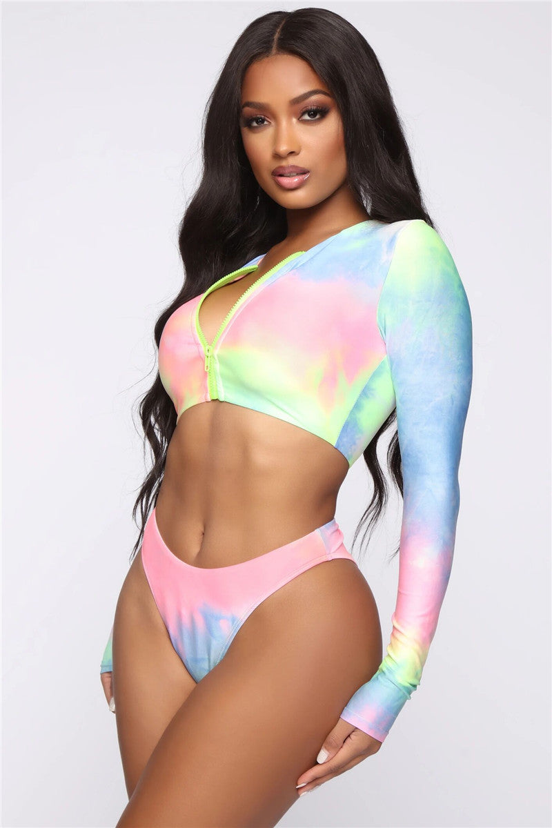 Swimsuit Women'S Split Long-Sleeved Tie-Dye Bikini Zipper Swimsuit