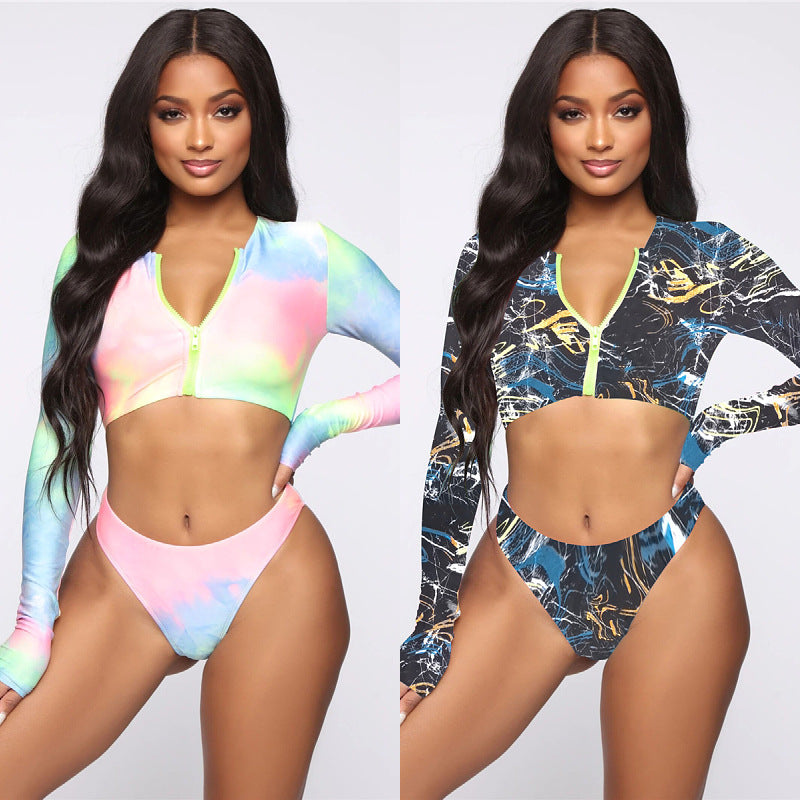 Swimsuit Women'S Split Long-Sleeved Tie-Dye Bikini Zipper Swimsuit