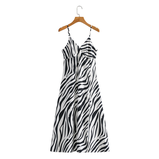 V-Neck Vintage Animal Print Suspender Dress