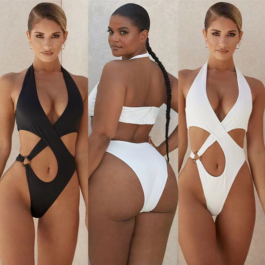 One-Piece Swimsuit Women's Solid Color Cross Hollow Large Size Bikini Bikini Swimwear