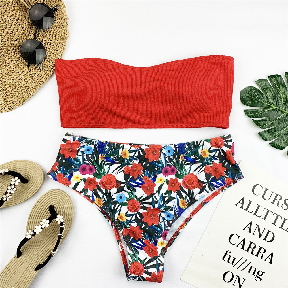 Sexy Bandeau Bikini Set Women Print Swimwear