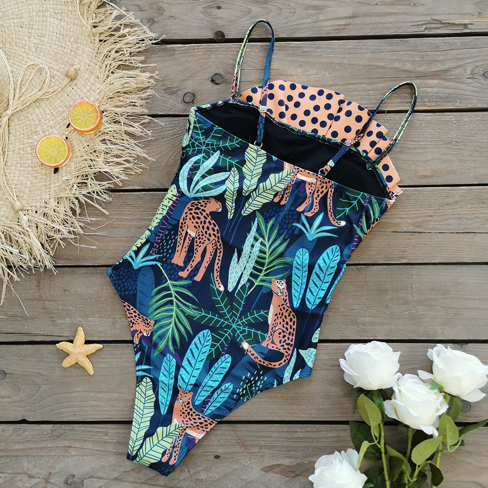 Asymmetrical Ruffle Leopard Print One-piece Swimsuit