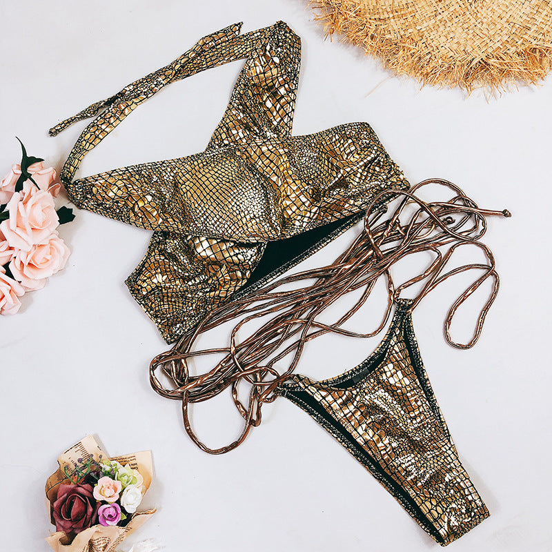 Snakeskin fabric strappy swimsuit