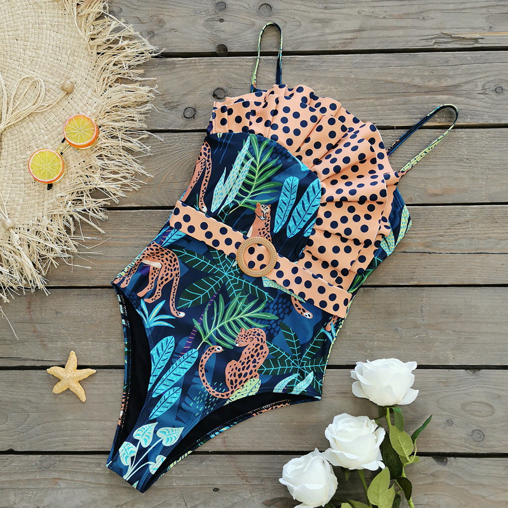 Asymmetrical Ruffle Leopard Print One-piece Swimsuit