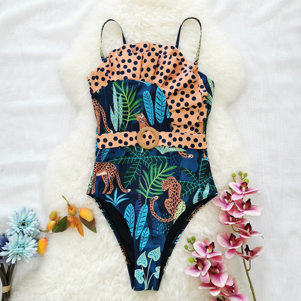 Asymmetrical Ruffle Leopard Print One-piece Swimsuit